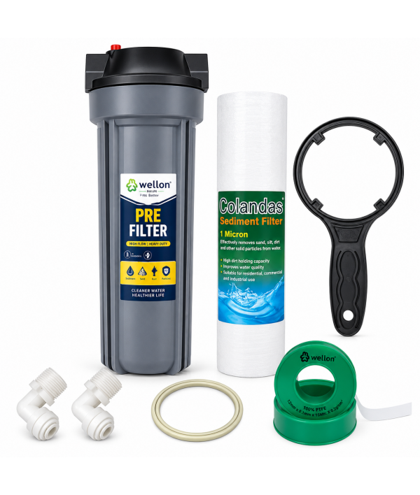 Wellon Grey Pre Filter Housing Combo Kit with 5 Micron PP Spun Filter, Housing Spanner, 3/4" x 1/2" Elbow Connectors & 2 Meter 3/4" Pipe | Heavy Duty Water Purifier Pre Filter Set